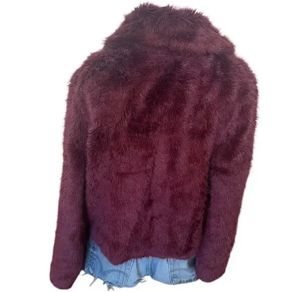 Unreal Fur Burgundy Faux Fur Jacket LARGE Formal Glam Teddy Coat Designer $339